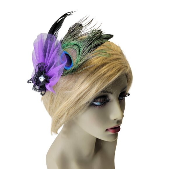 Purple Feathers Fascinator Peacock Feathers Tulle Hair Accessory Br… - Picture 2 of 11